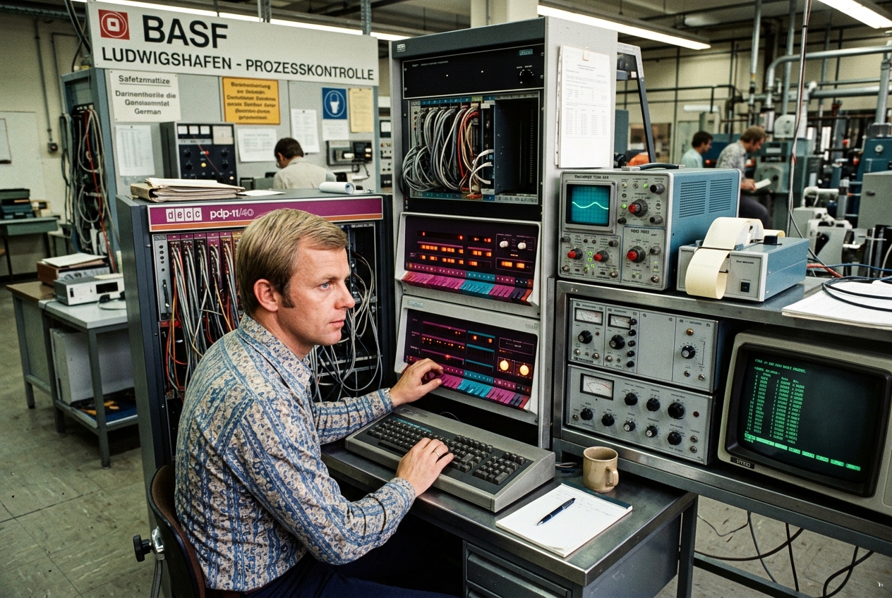 Horst Schindewolf im BASF Mess- und Regellabor mit PDP-11 Prozessrechner