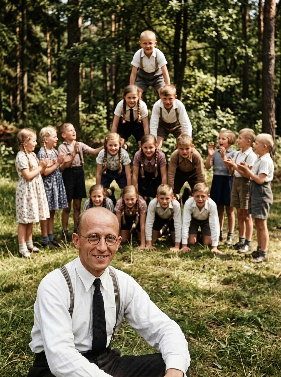 Schulkinder bilden eine Sportpyramide im Wald